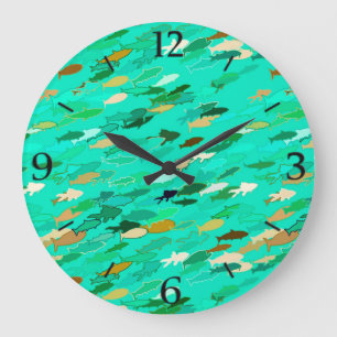 Reloj Redondo Grande Escuela de Pescado, Aqua, Verde y Oro