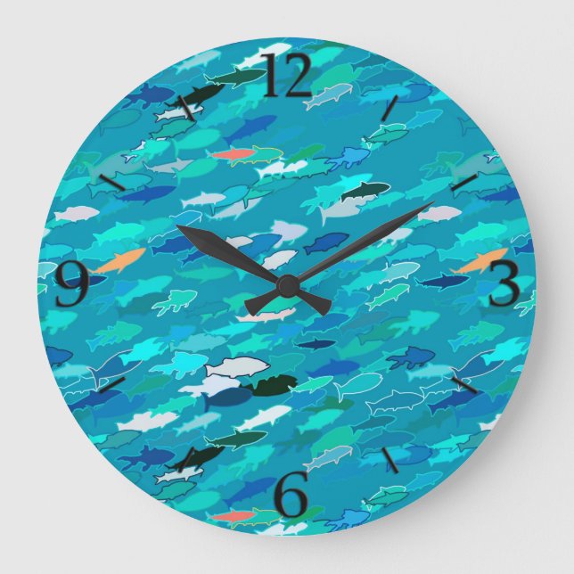 Reloj Redondo Grande Escuela de Pescado, Turquesa, Azul y Aqua (Anverso)
