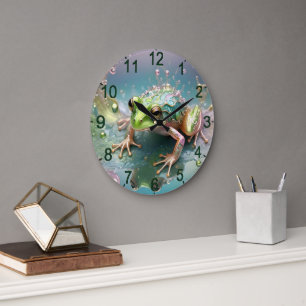 Reloj Redondo Grande "Esencia Esmeralda: Rana verde en arte fractal"
