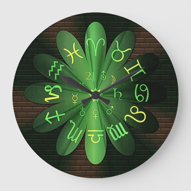 Reloj Redondo Grande Esmeralda Verde Zodiac Astrología Símbolos Muro Re (Anverso)