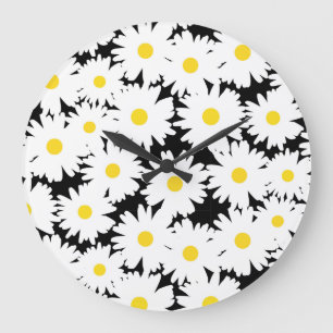 Reloj Redondo Grande Espacio negativo Daisies amarillo blanco sobre neg