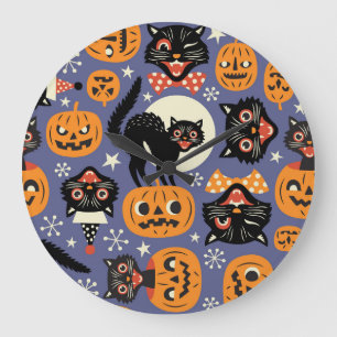 Reloj Redondo Grande Espeluznantes Calabazas De Gatos Patrón Púrpura