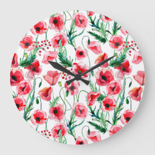 Reloj Redondo Grande Espías rojas: ilustracion floral acuarela