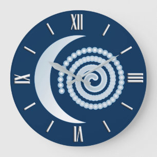 Reloj Redondo Grande Espiral de luna plateada, azul oscuro