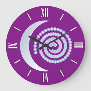 Reloj Redondo Grande Espiral de luna plateada, púrpura profundo