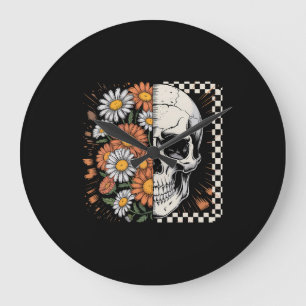 Reloj Redondo Grande Esqueleto Boho Otoño Floral Halloween