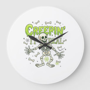 Reloj Redondo Grande Esqueleto de Creepin It Real Halloween Huesos Arañ