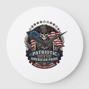 Reloj Redondo Grande Esqueleto Patriótico Vaquero Patriota Oscuro Esque