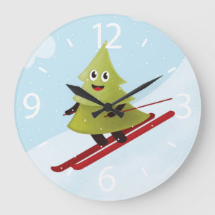 Reloj Redondo Grande Esquí de Pino Árbol Cute Nieve Deportiva Invierno