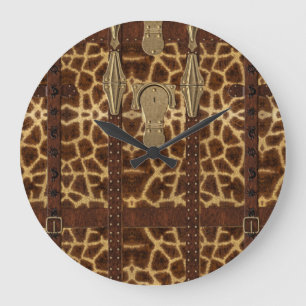 Reloj Redondo Grande Estampa Animal Tribal de Cuero Vintage de Jirafa