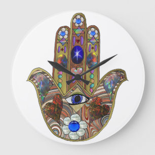 Reloj Redondo Grande Estampa artística de Hamsa Judaica Corazones Flore