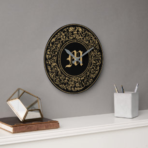 Reloj Redondo Grande Estampa de Monograma de Corona Floral Barroco Roco