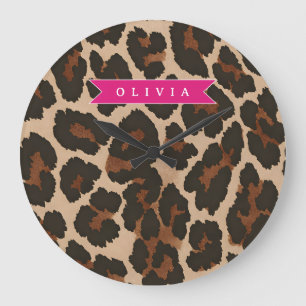 Reloj Redondo Grande Estampado Animal Chic Personalizado de Leopardo Ro