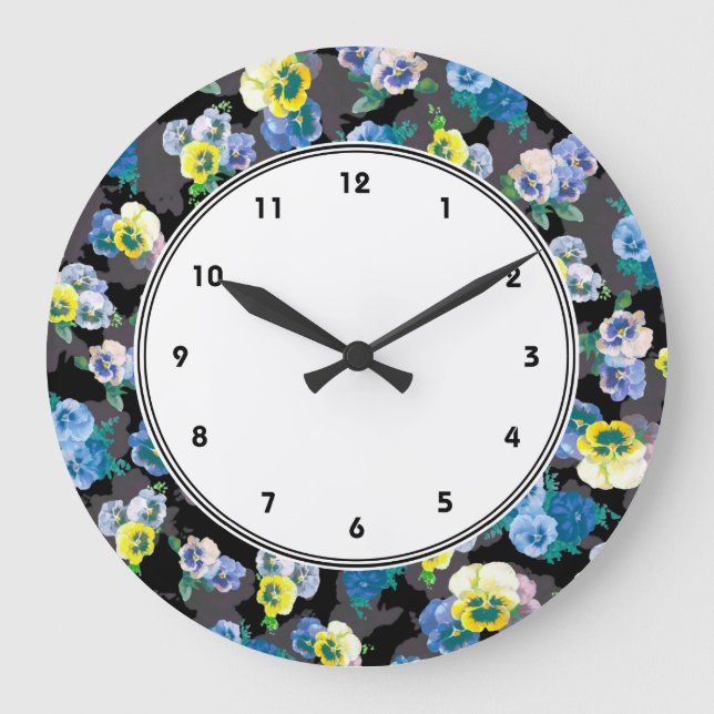 Reloj Redondo Grande Estampado de flores elegante de los pensamientos (Anverso)