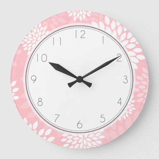 Reloj Redondo Grande Estampado de flores rosado de los crisantemos (Anverso)