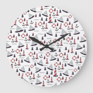 Reloj Redondo Grande Estampado de patrón náutico micro vintage.