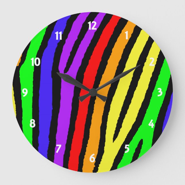 Reloj Redondo Grande Estampado de zebra del arco iris (Anverso)