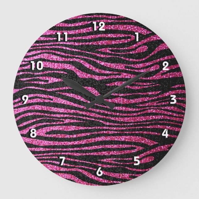 Reloj Redondo Grande Estampado de zebra rosado y negro bling (falso (Anverso)