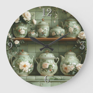 Reloj Redondo Grande Estante Vintage Tetera Verde Rosas Contenedores