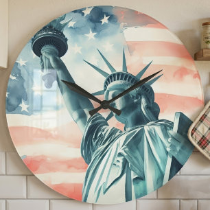 Reloj Redondo Grande Estatua de la Libertad con acuarela y bandera amer