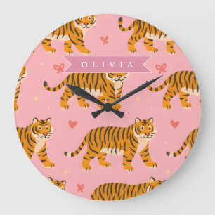 Reloj Redondo Grande Estética personalizada rosa tigre chic rebelde div