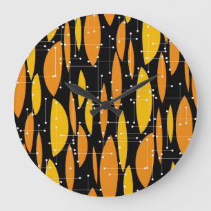 Reloj Redondo Grande Estilo atómico, patrón geométrico naranja negro.