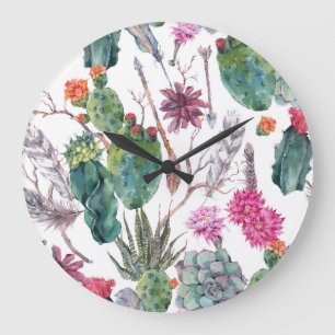 Reloj Redondo Grande Estilo Boho, acuarela de cactus vintage.
