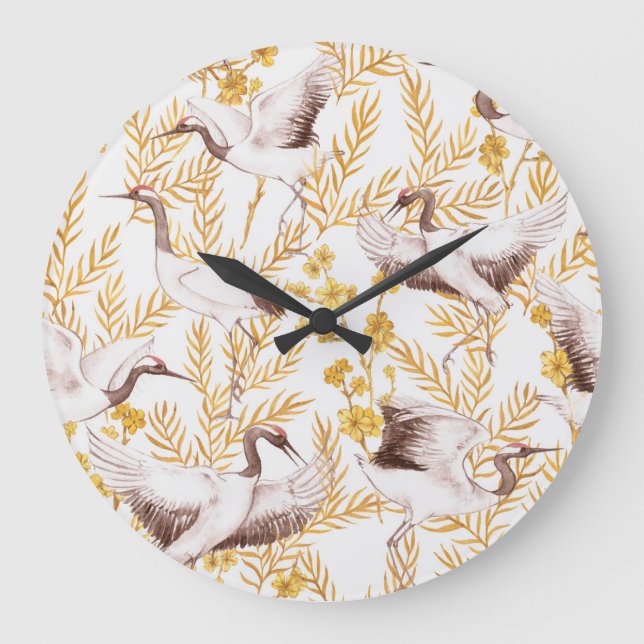 Reloj Redondo Grande Estilo chino dorado, patrón sakura acuarela. (Anverso)