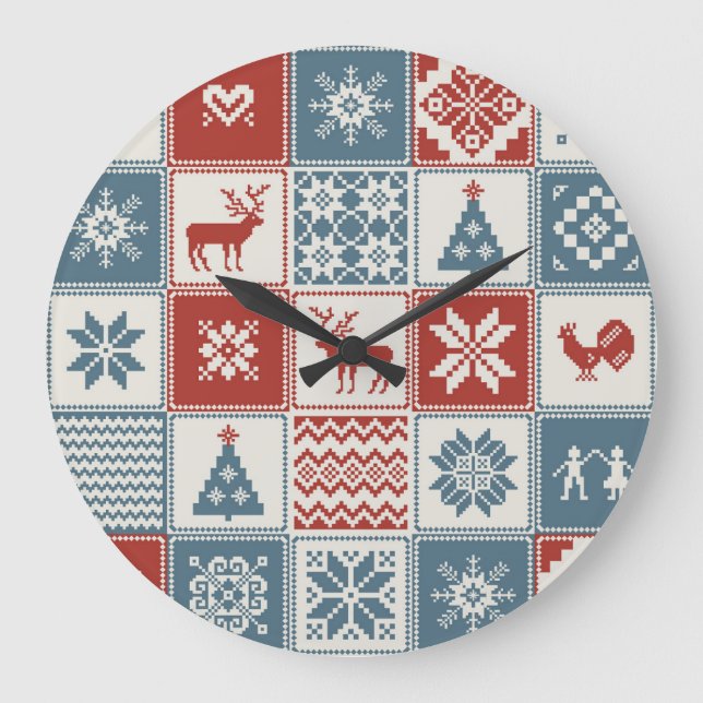 Reloj Redondo Grande Estilo de mosaico: Navidades Patrón Ornamental (Anverso)