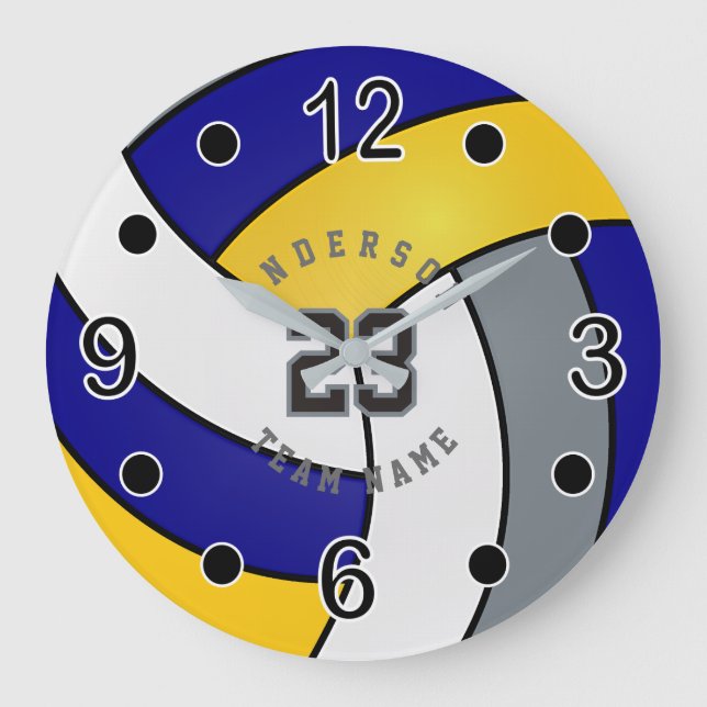 Reloj Redondo Grande Estilo de voleibol azul, dorado y blanco con texto (Anverso)