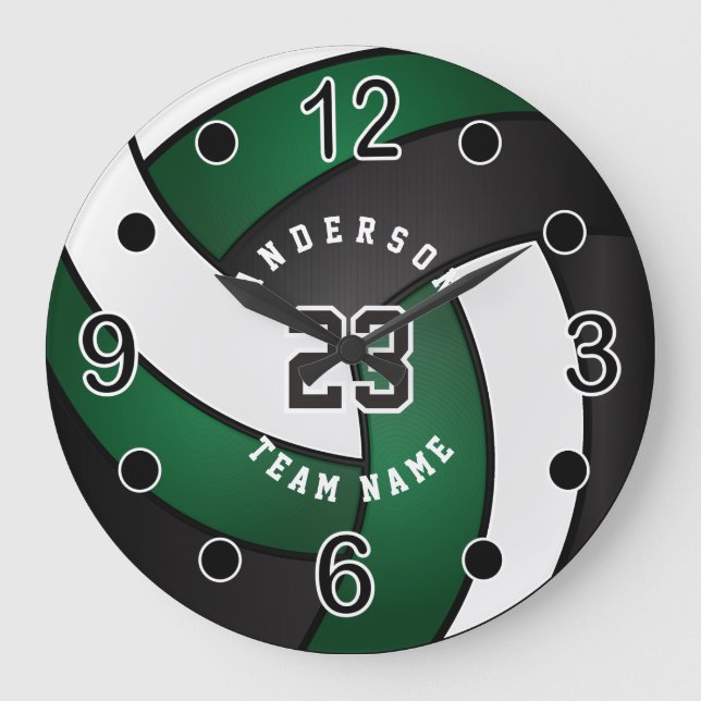 Reloj Redondo Grande Estilo de voleibol verde oscuro con texto DIY (Anverso)