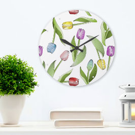 Reloj Redondo Grande Estilo moderno patrón floral de tulipán colorido