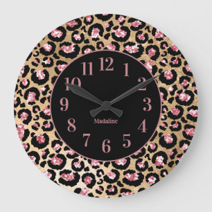 Reloj Redondo Grande Estilo Rosa Negro Cheetah Leopardo Impresión Monog