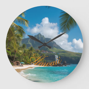 Reloj Redondo Grande Estilo vintage hawaiano palmeras mar azules cielo 