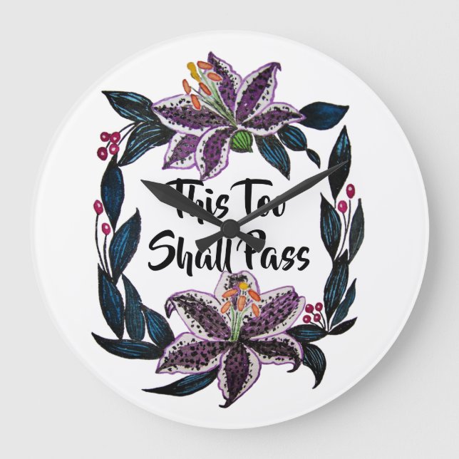 Reloj Redondo Grande "Esto también pasará" acuarela Lily Wreath (Anverso)
