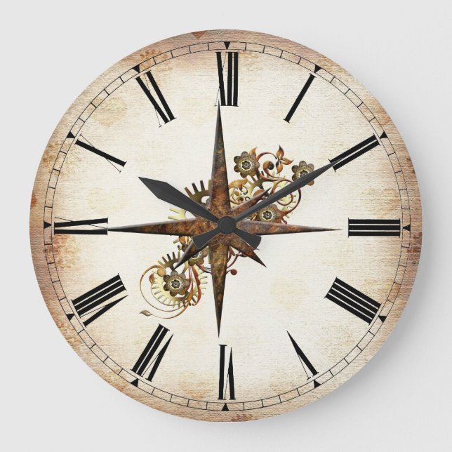 Reloj Redondo Grande Estrella de brújula Steampunk (Anverso)