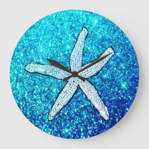 Reloj Redondo Grande Estrella de Mar Blanca Brillante Sparkly Azul Cian