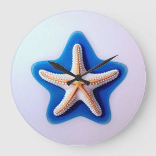Reloj Redondo Grande Estrella de mar naranja en azul