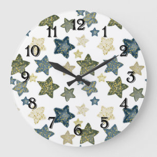 Reloj Redondo Grande Estrellas de acuarela con confeti dorado