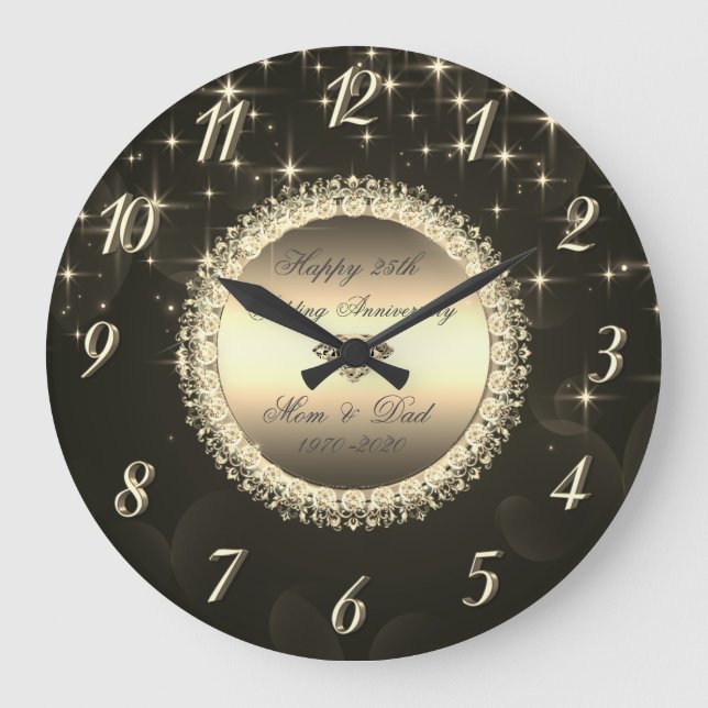 Reloj Redondo Grande Estrellas de diamantes Black 50th Boda Aniversario (Anverso)