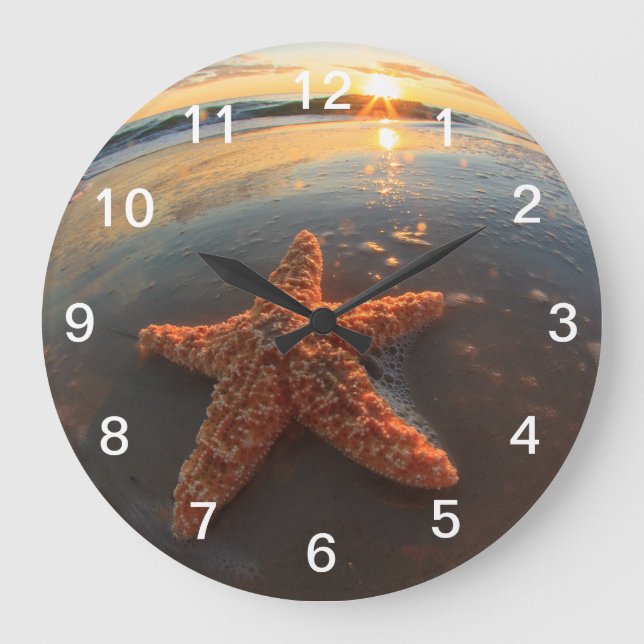Reloj Redondo Grande Estrellas de mar y burbujas en la puesta del sol (Anverso)