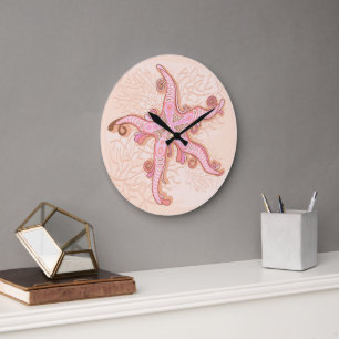 Reloj Redondo Grande Estrellas de mar y coral patrón pastel rosa