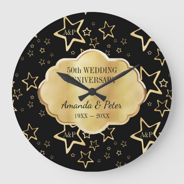 Reloj Redondo Grande Estrellas doradas con monograma (Anverso)