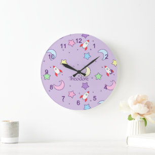 Reloj Redondo Grande Estrellas, lunas y cohetes coloridos lindos