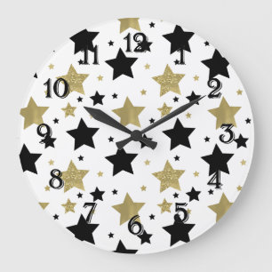 Reloj Redondo Grande Estrellas negras doradas