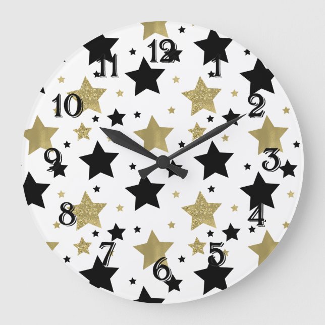 Reloj Redondo Grande Estrellas negras doradas (Anverso)