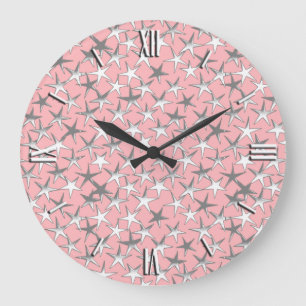 Reloj Redondo Grande Estrellas plateadas, en rosa concha