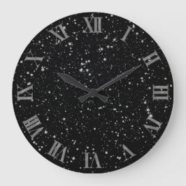 Reloj Redondo Grande Estrellas purpurinas2 - Negro plateado
