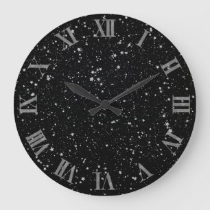 Reloj Redondo Grande Estrellas purpurinas2 - Negro plateado