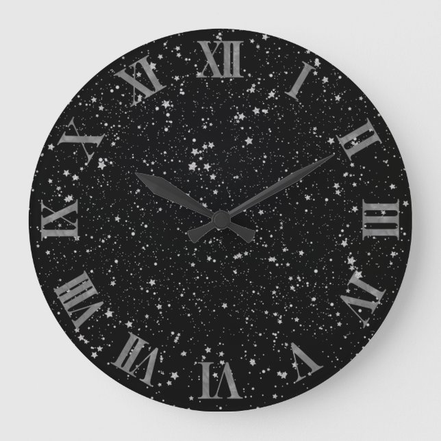 Reloj Redondo Grande Estrellas purpurinas2 - Negro plateado (Anverso)